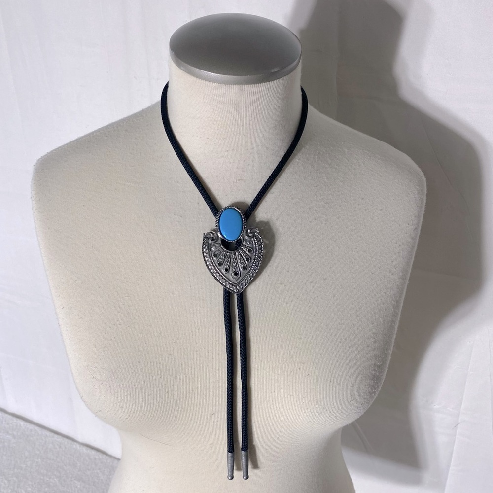 Vintage Handmade Black Silver Blue Bolo Tie W Metal Tips
